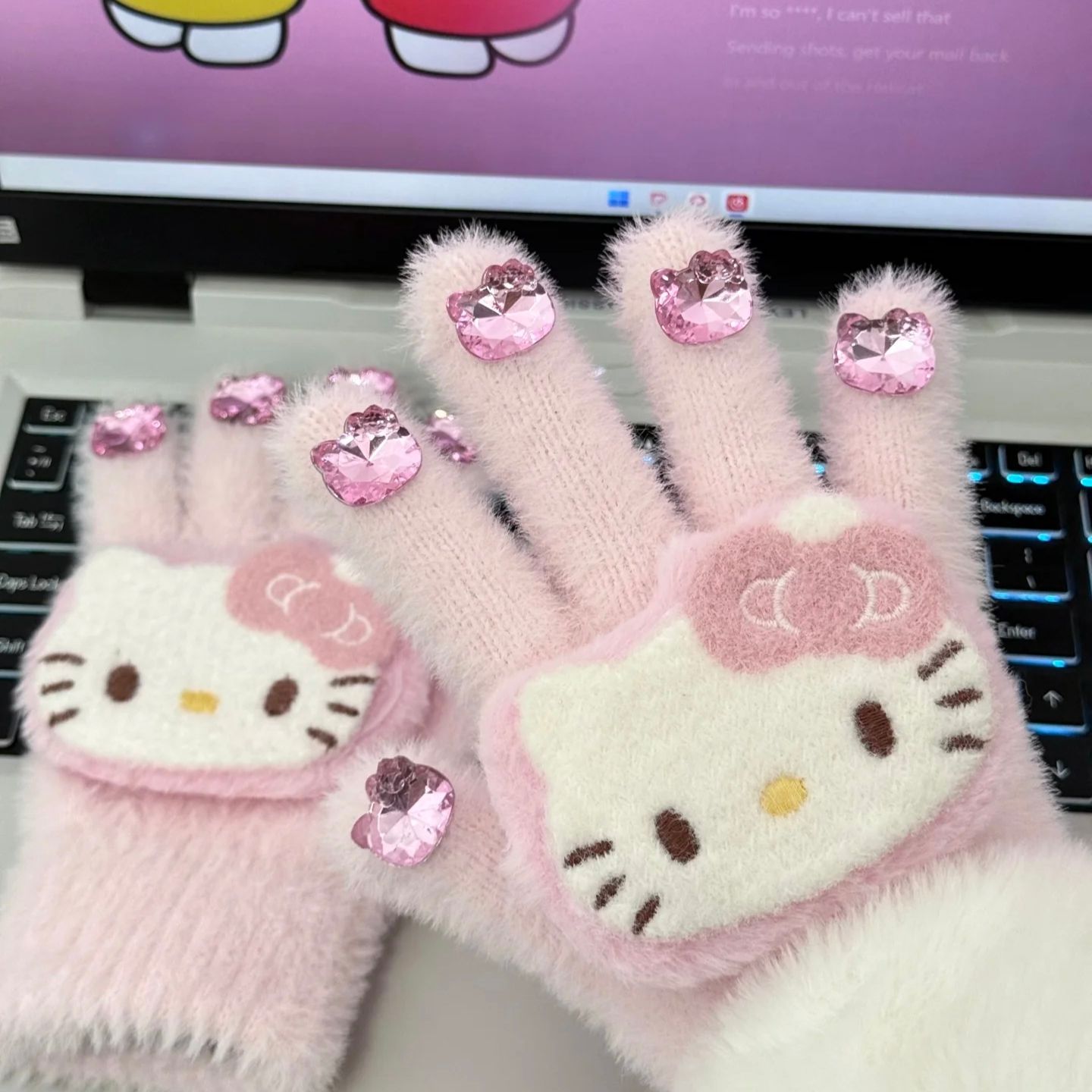 甜美可爱毛绒绒kitty保暖冬保暖手套