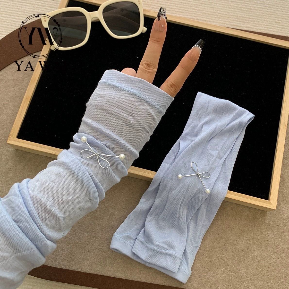 防晒袖套女夏季刺绣蝴蝶结冰袖户外出游骑行护手腕遮阳护手臂手袖