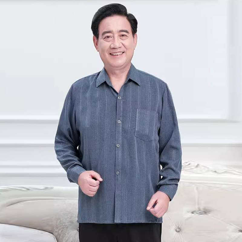 夏装棉麻长袖衬衫男中老年人爷爷爸爸装老头亚麻宽松衬衣夏季薄款