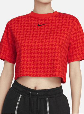 耐克女装2024夏季新款短款露脐小钩千鸟格圆领短袖T恤DD5034-673