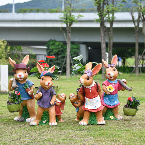 福四方兔子花盆装饰摆件