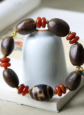 原创达拉干沉香木手链文玩藏饰宝瓶天珠中式南红玛瑙手串