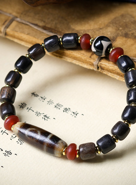 原创设计黑羊角单圈手链文玩三眼虎牙天珠玛瑙民族风手串