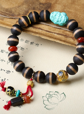 原创设计一线包浆天珠手链 文玩菱镁矿松石财神中式手串