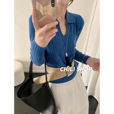 【英英Chili】气质韩系polo浅V领100全羊毛宽松针织毛衣x 10.10