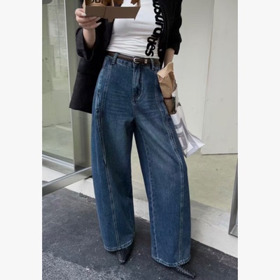 【英英Chili】慵懒风韩系做旧复古风高腰牛仔阔腿弯刀裤 10.15