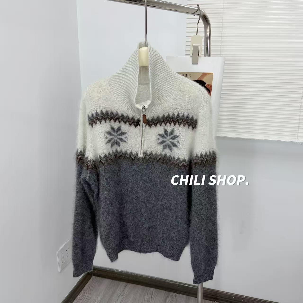 【英英Chili】立领拉链复古风撞色费尔岛拉绒韩系针织毛衣 09.06