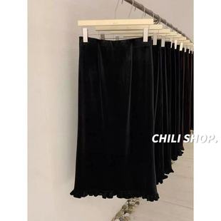 【英英Chili】花边下摆韩系松紧腰加绒直筒丝绒半身裙 10.31
