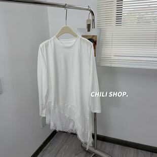 T恤 蕾丝不规则拼接韩系圆领凉感棉宽松长袖 03.11 英英Chili