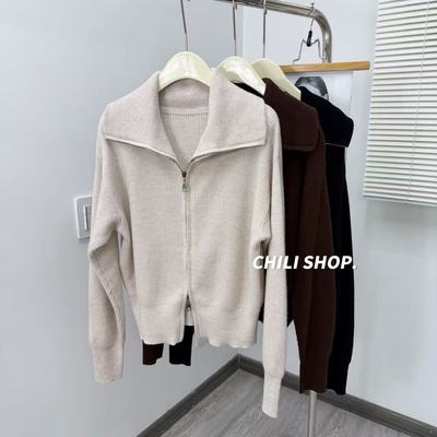 【英英Chili】欧货设计大翻领休闲100全羊毛拉链针织开衫 11.13