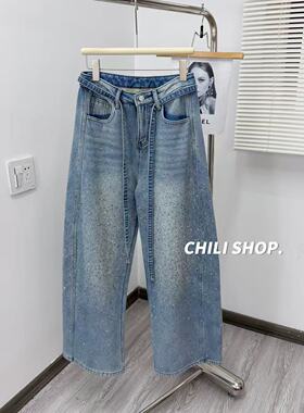 【英英Chili】烫钻重工欧货设计师款加绒百搭潮流牛仔阔腿裤01.20