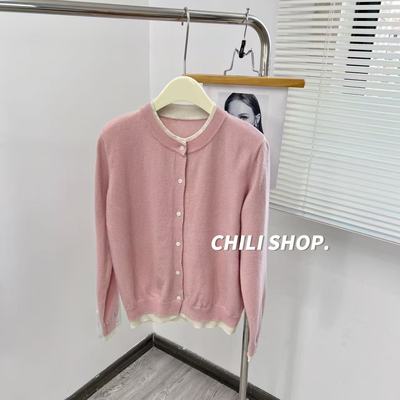 【英英Chili】韩系撞色假两件减龄设计100全羊毛针织开衫 10.11