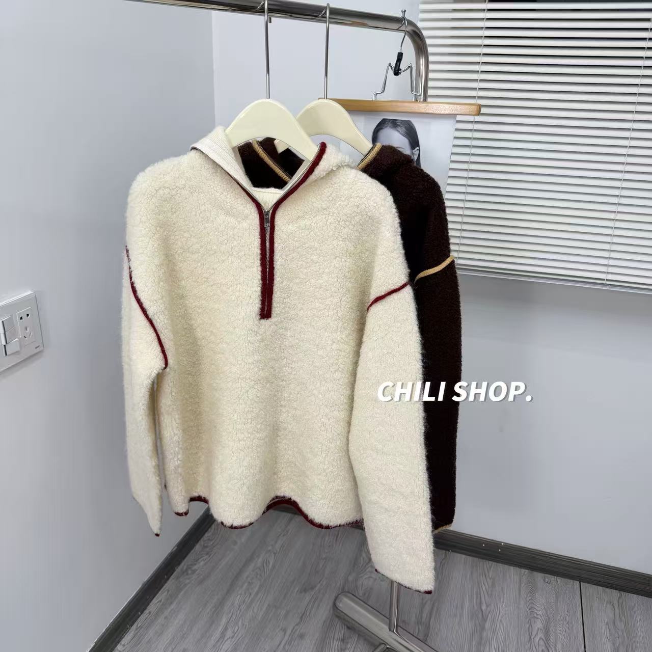 【英英Chili】撞色边带帽韩系加厚圈圈100全羊毛针织毛衣 11.04