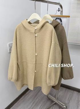 【英英Chili】韩系带帽减龄苏丽羊驼绒羊毛中长双面尼大衣 12.13