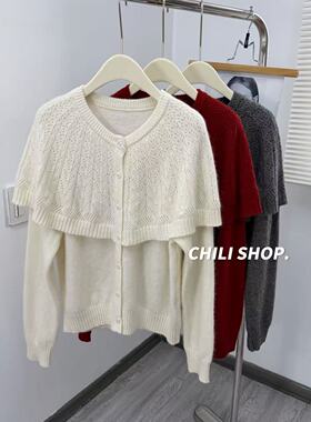 【英英Chili】勾花披肩重工韩系设计羊毛浣熊绒针织毛衣 01.15