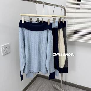 03.02 撞色一字肩麻花温柔10羊绒90羊毛针织毛衣 英英Chili