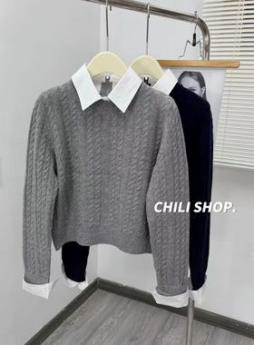 【英英Chili】韩系撞色衬衫拼接100全羊毛减龄针织毛衣LL 12.25
