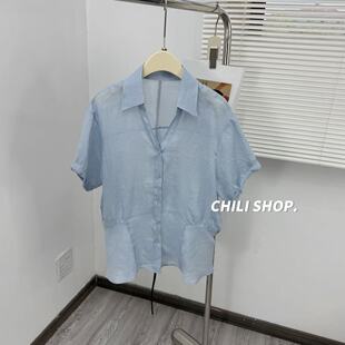 【英英Chili】bu退 简约韩系设计收腰显瘦短袖衬衫 05.11