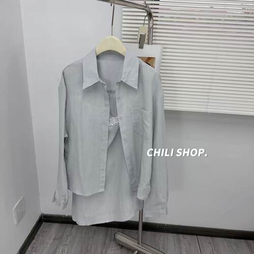 【英英Chili】bu退 两件套韩系蕾丝吊带宽松麻休闲衬衫 04.06