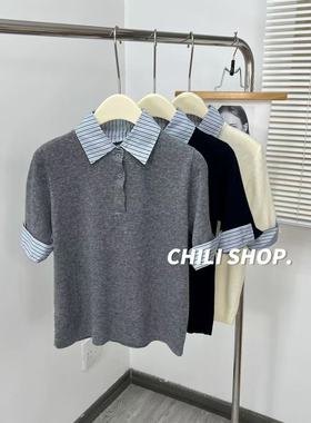 【英英Chili】衬衫领拼接韩系超细羊毛时髦减龄针织短袖 10.07
