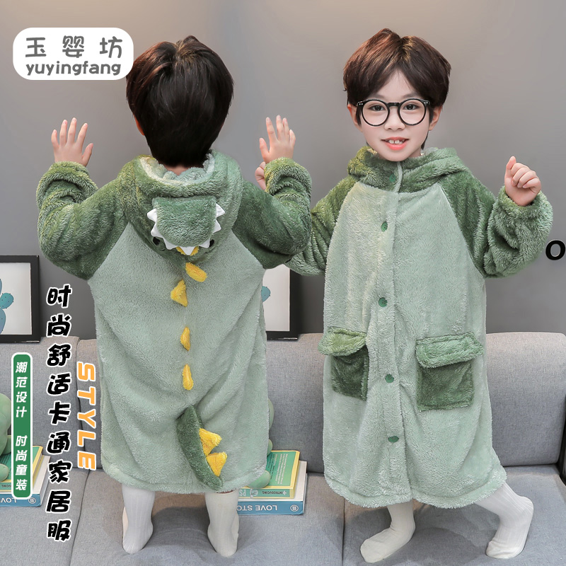 儿童浴袍冬季加厚男童珊瑚绒睡衣小男孩法兰绒恐龙家居服宝宝睡袍