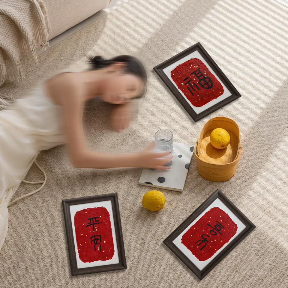 颐画《平安喜乐》原创真金箔手绘红色开运好寓意摆件客厅玄关挂画