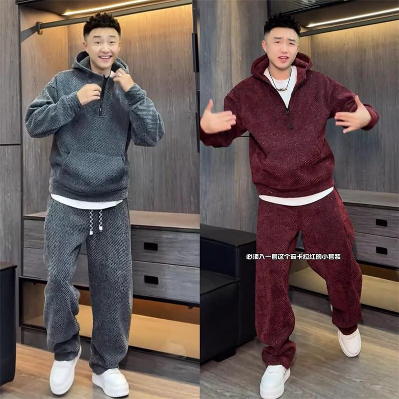 高端本命年红色运动休闲套装男士夏季2025新款加绒半拉链卫衣男款