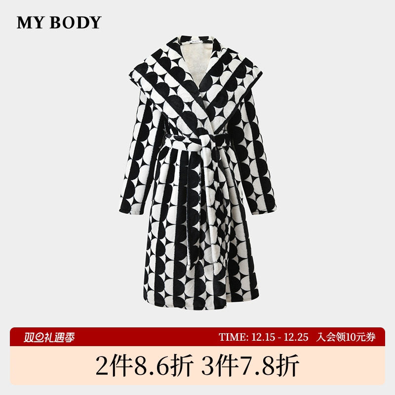 商场同款MYBODY冬季新款睡袍时尚大翻领印花长款加绒兔毛绒浴袍