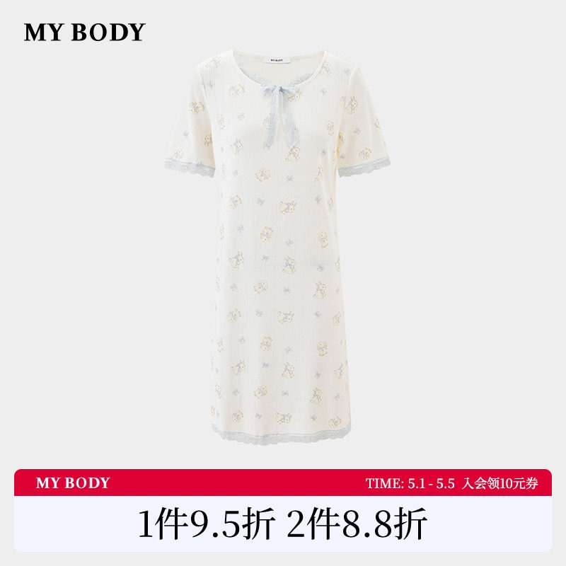 商场同款MYBODY26夏季新款猫咪印花蕾丝袖口亲肤棉质圆领宽松