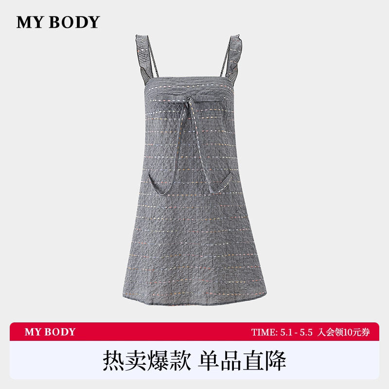 商场同款MYBODY夏季新款睡裙女棉质法式复古格纹荷叶边镂空吊带