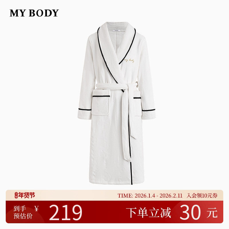 商场同款MYBODY冬季新款睡袍气质青果领柔软澳毛绒暖暖系带浴袍
