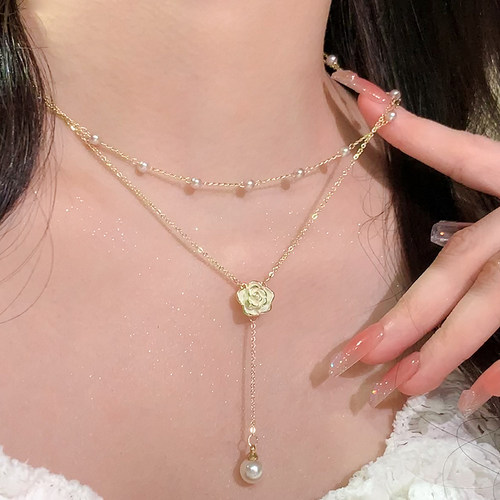 山茶花珍珠流苏双层项链女法式