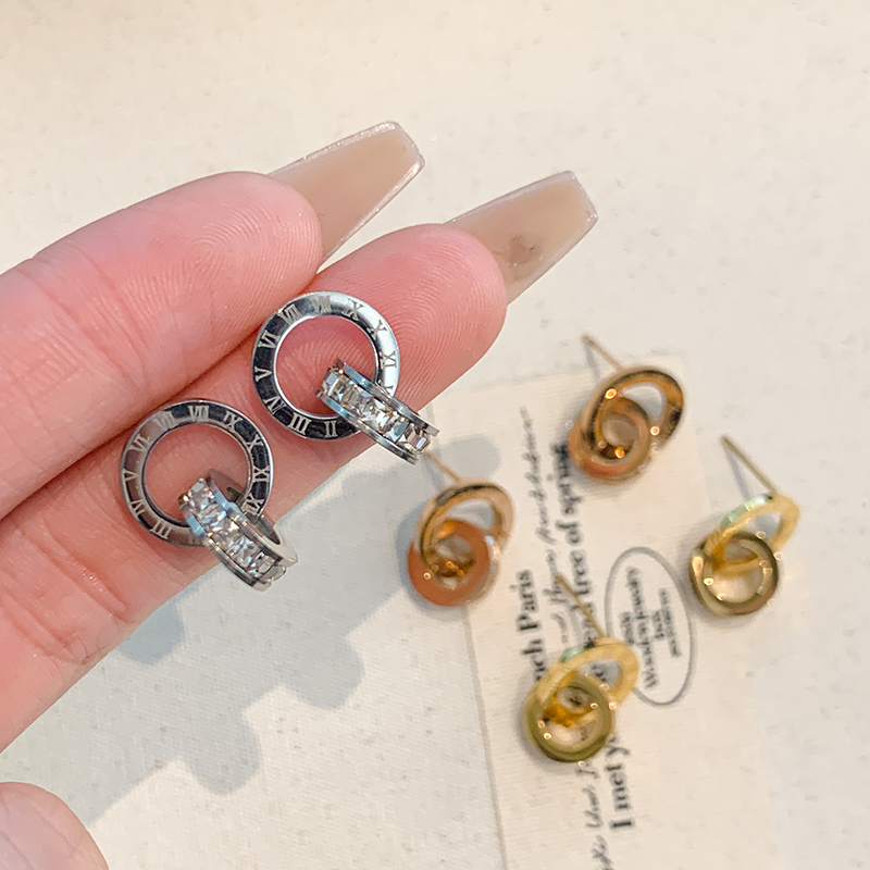 罗马数字双环耳钉女高级感耳饰品气质独特钛钢耳钉耳环女轻奢耳坠