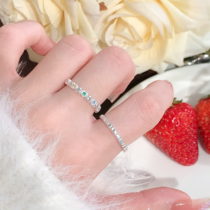 彩色爱心锆石戒指女小众设计高级感银色素圈戒指开口尾戒食指环女