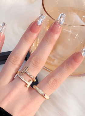 滴釉双T字母戒指女小众设计高级感开口食指戒指女时尚个性指环女