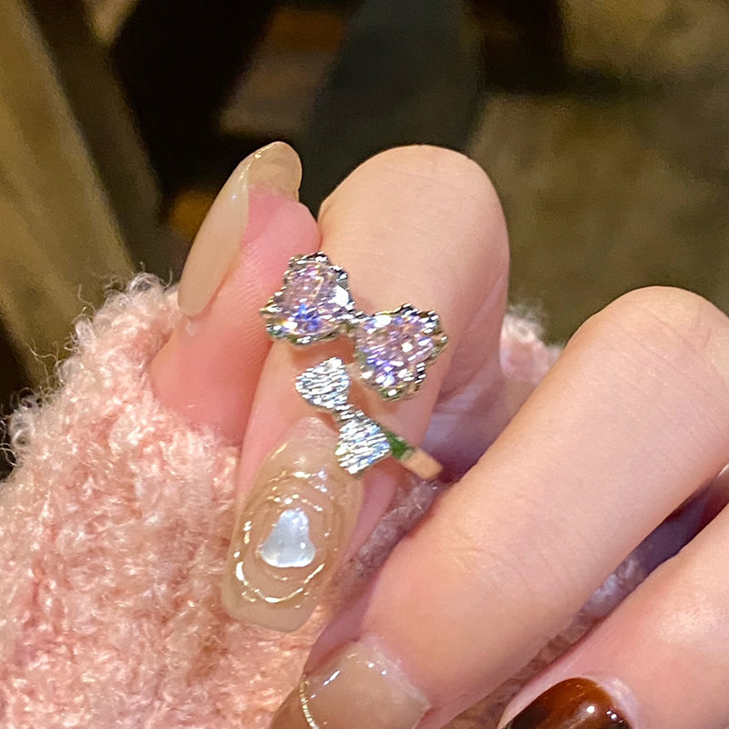 粉钻蝴蝶结双层戒指女甜美精致