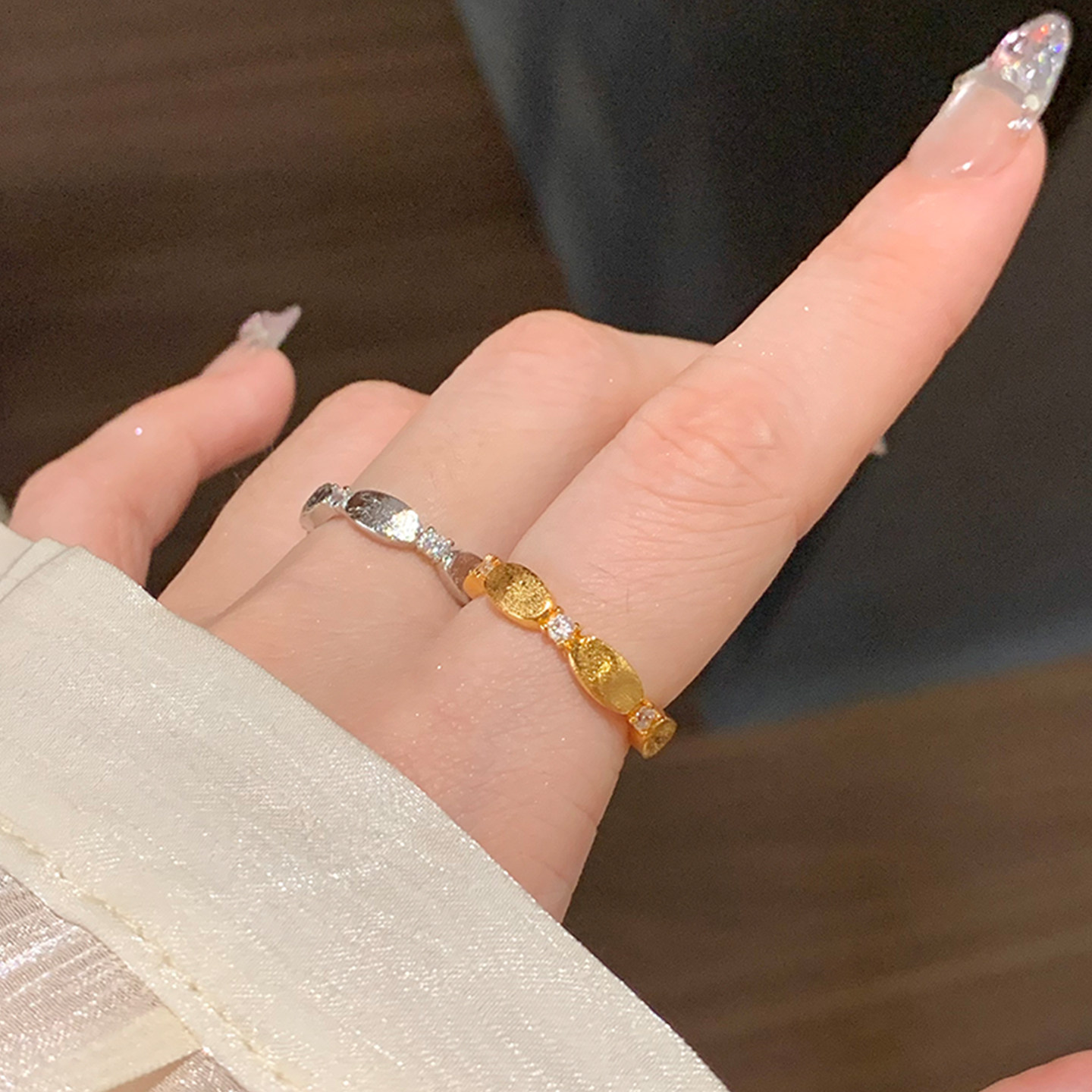 石橄榄拉丝间钻戒指女小众INS风