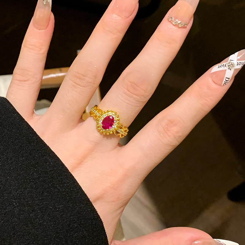 蕾丝红宝石戒指女小众设计开口食指戒指女轻奢高级感尾戒女小指环