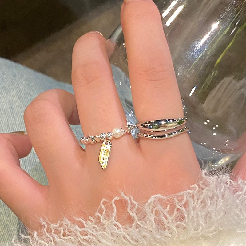 珍珠碎石吊牌双层戒指女个性冷淡