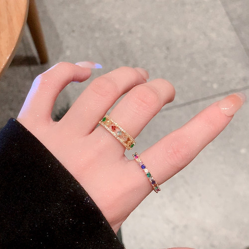 彩虹宝石戒指女小众设计开口戒指