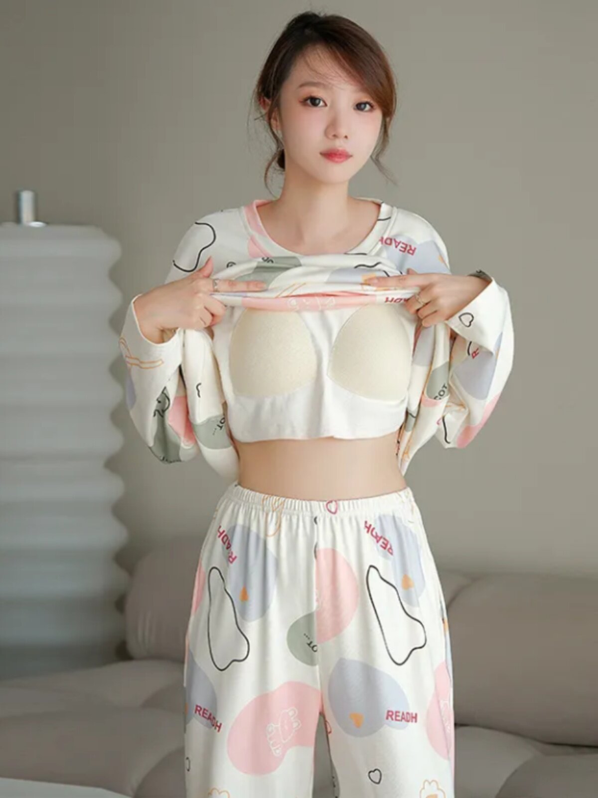 PAJAMAS CHEST PADS WOMENS SPRING AND AUTUMN LONG-SLEEVED TROUSERS CUTE AND SWEET INTERNET CELEBRITY STYLE HOME CLOTHES TWO-PIECE SUIT