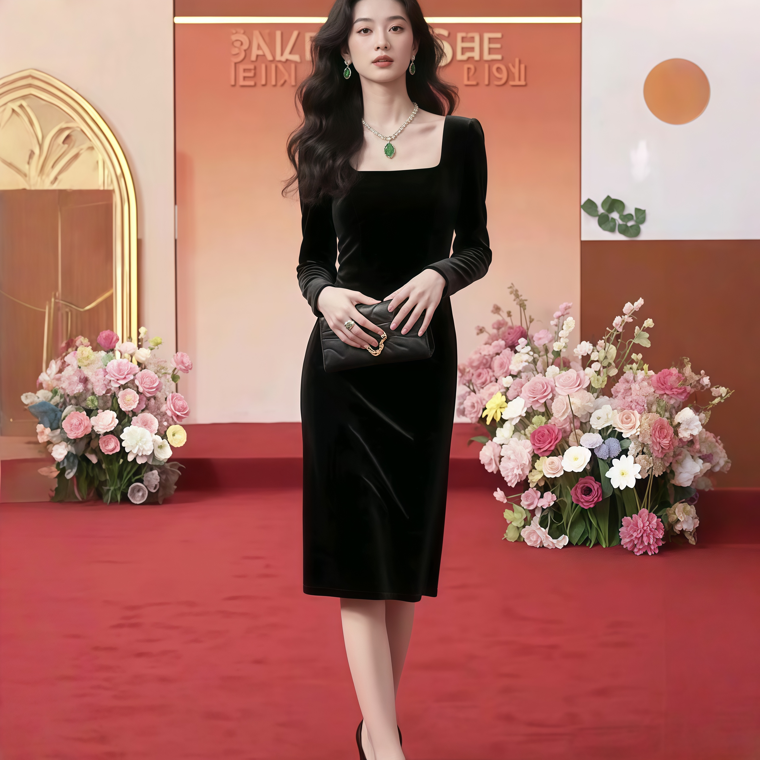 2025年秋季法式轻奢黑丝绒连衣裙