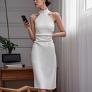 半高领修身 裙子女 白色连衣裙女春秋紧身裙收腰小白裙性感气质无袖