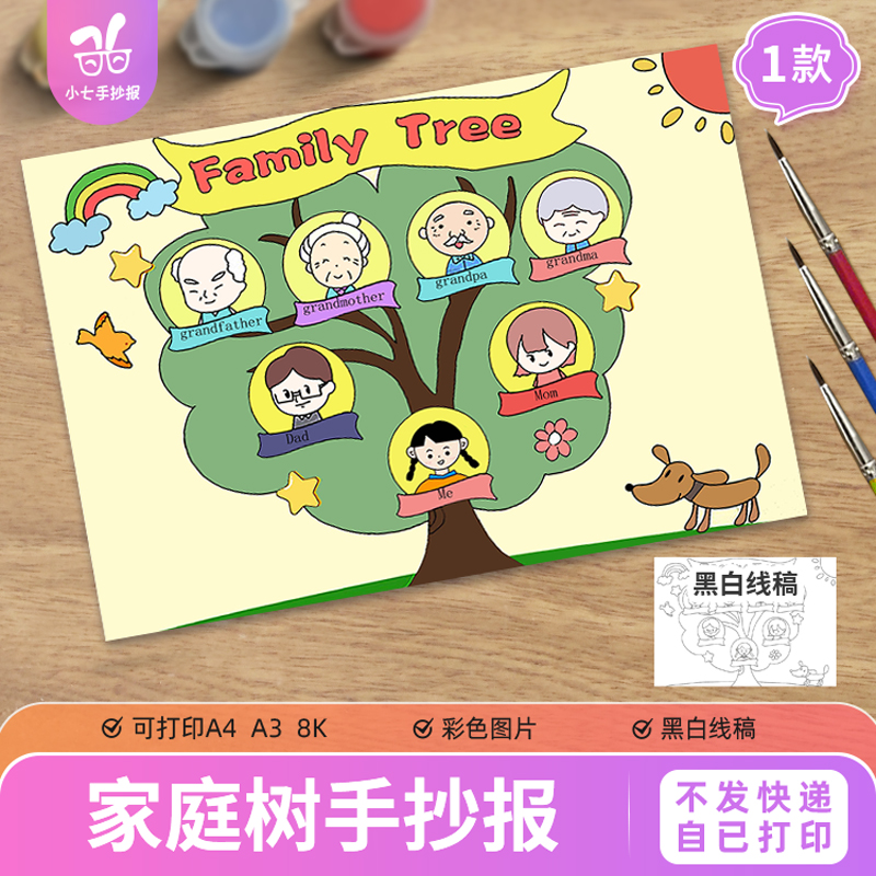 家庭树英语手抄报模板my family tree儿童绘画独生女孩家庭