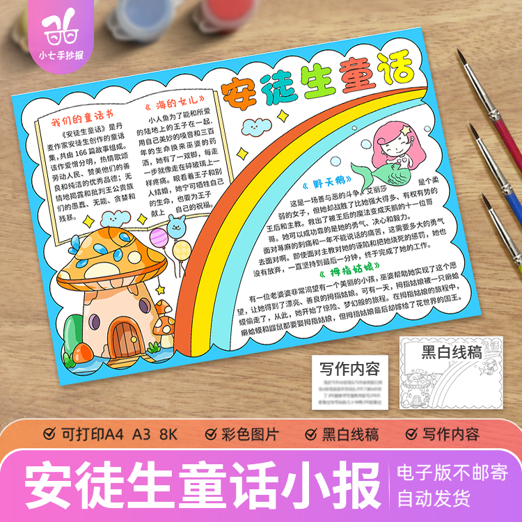 安徒生童话故事手抄报模板电子版小学生读后感好书推荐读书卡线稿
