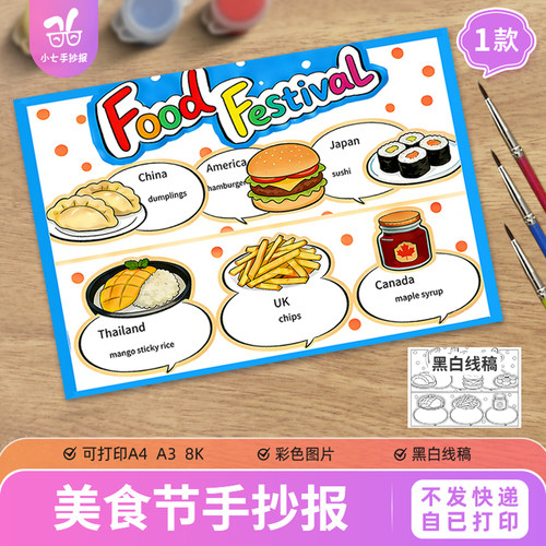 三年级下册food festival英语美食节手抄报模板各国食物线稿