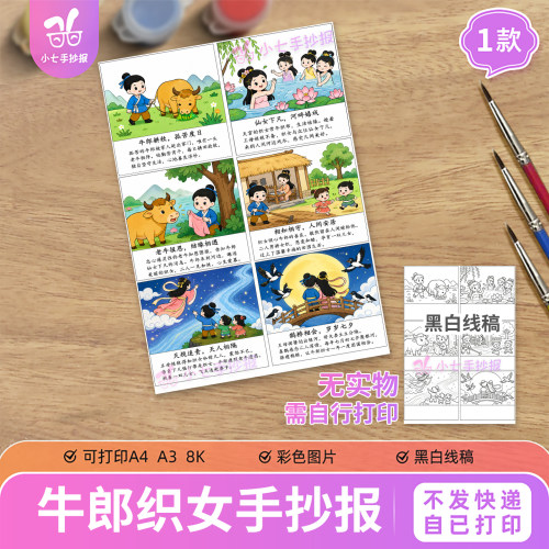 竖版牛郎织女六宫格连环画手抄报电子版模板中国民间神话故事
