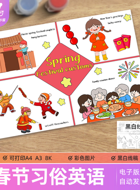 2026春节习俗英语儿童画手抄报电子模板Spring Festival customs