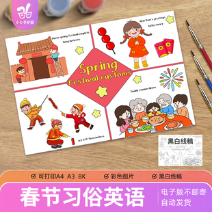 2026春节习俗英语儿童画手抄报电子模板Spring Festival customs