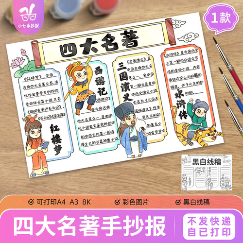 四大名著手抄报小学五年级语文好书推荐阅读读后感小报线稿图
